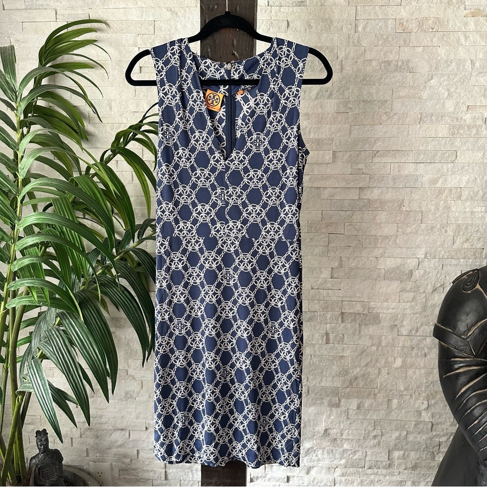 TORY BURCH Navy Blue “Nicola” Chain Print Jersey 100% Silk Knit Dress Size S